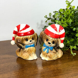 Vintage Lefton Christmas Dogs Salt Pepper Shaker Set Japan Candy Cane Hats